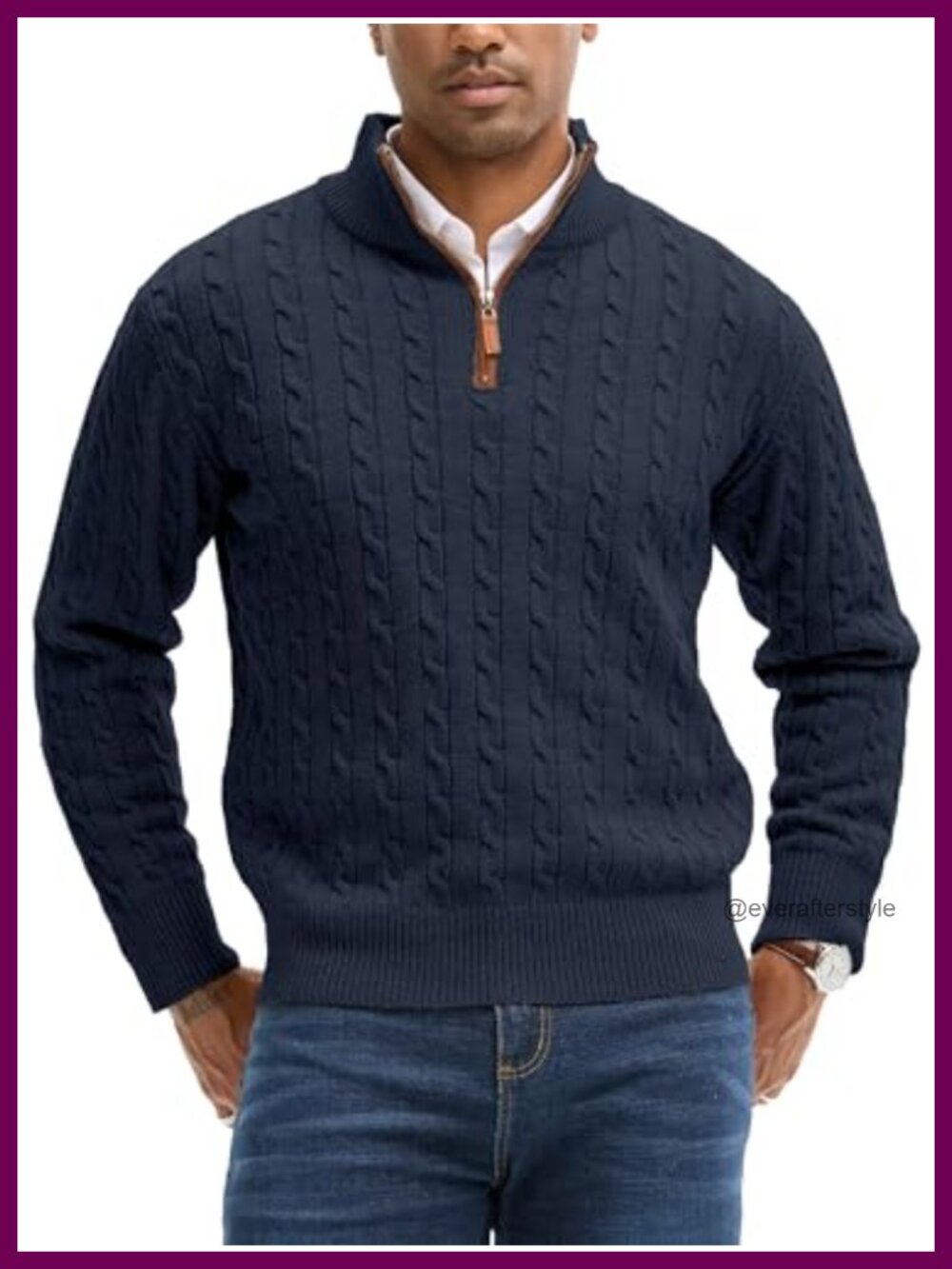 Men's Quarter Zip Cable Knit Pullover Sweater Mock Neck Long Sleeve